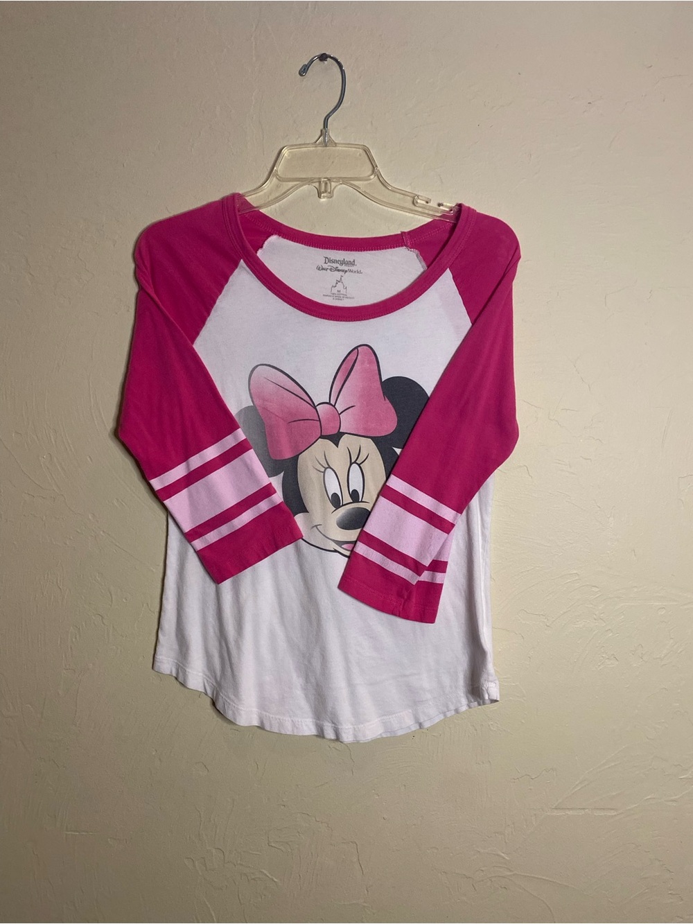 Disney Parks Minnie Mouse Raglan Baseball Tee Womens M White Pink 3/4